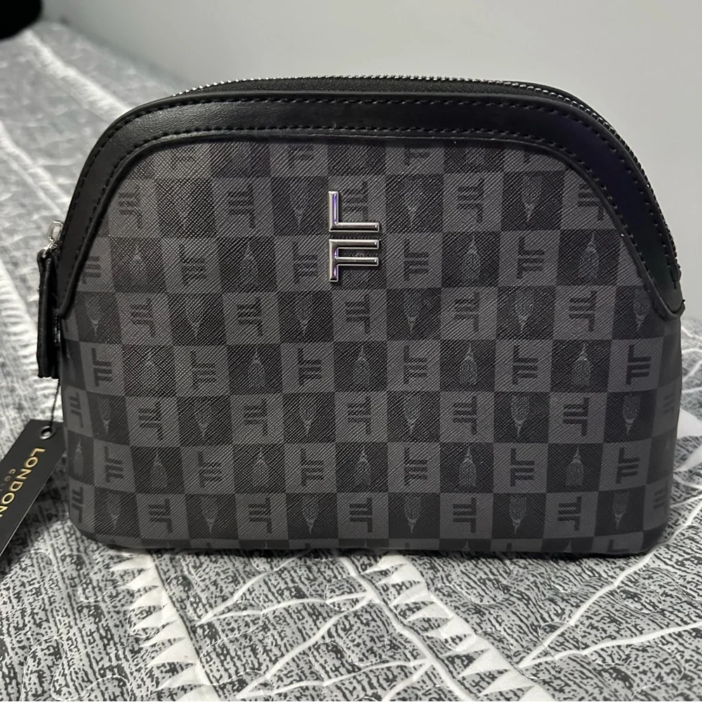 London Fog Ellie Monogram Cosmetic Clutch Brown Quiet Luxury Chic NWT